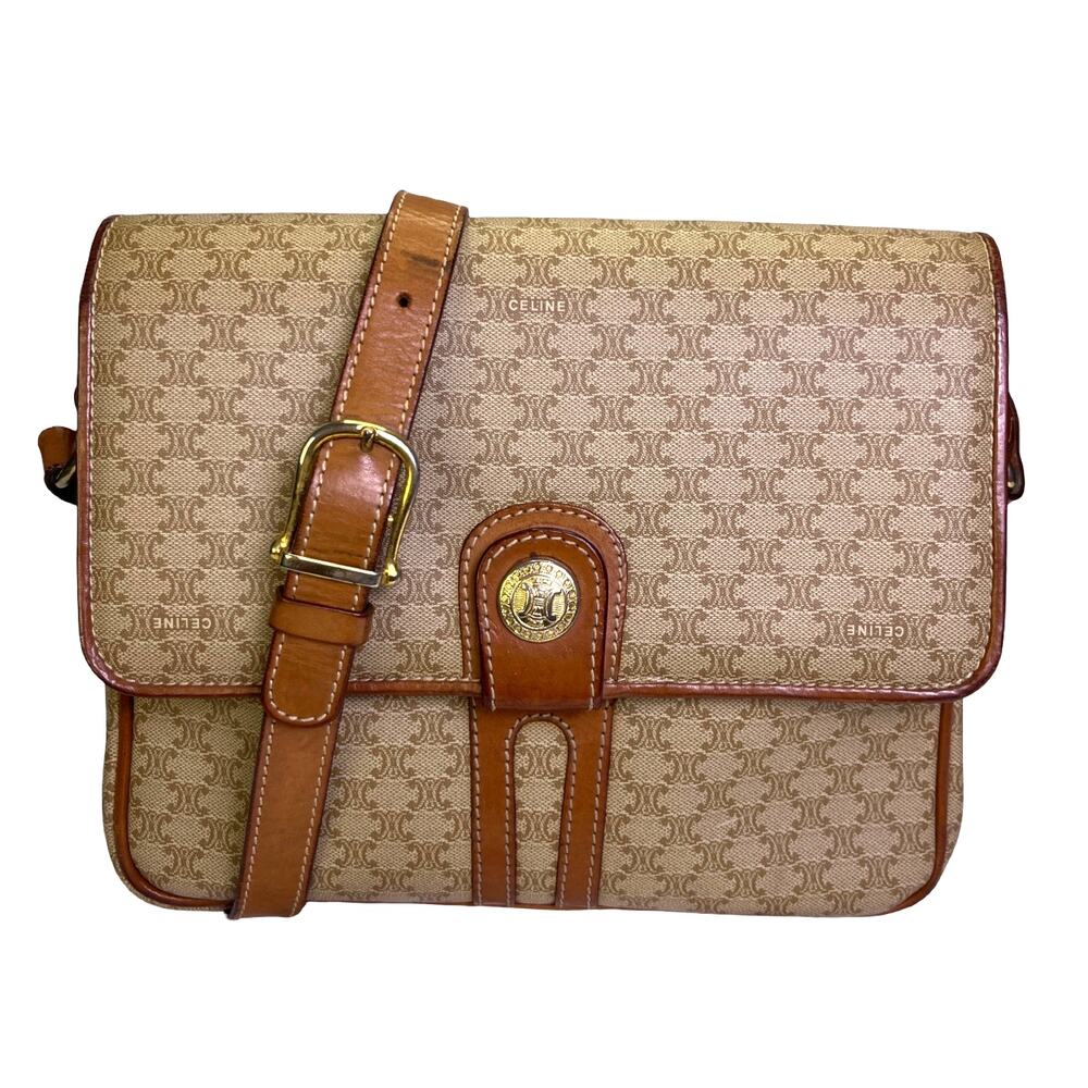 Celine Macadam Vintage Canvas Leather Crossbody Messenger Bag Italy M08 Beige